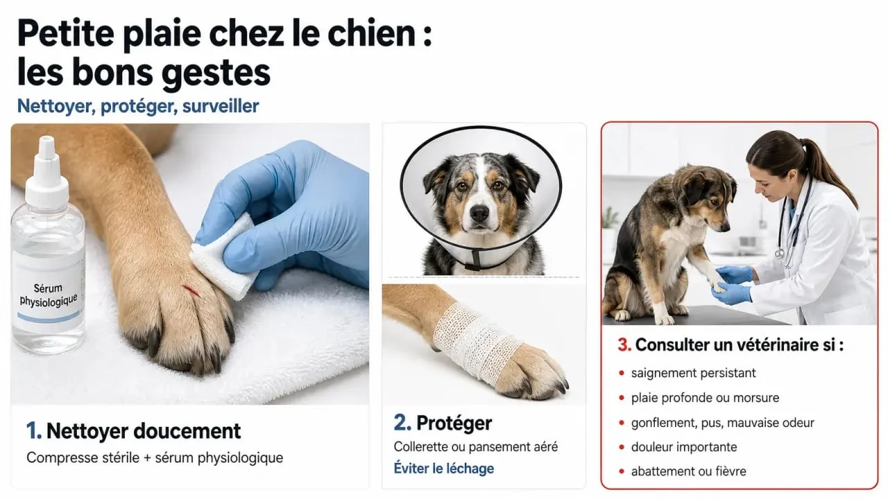 Désinfectant chien : schéma éditorial des gestes pour nettoyer une petite plaie, protéger la zone et repérer quand consulter le vétérinaire