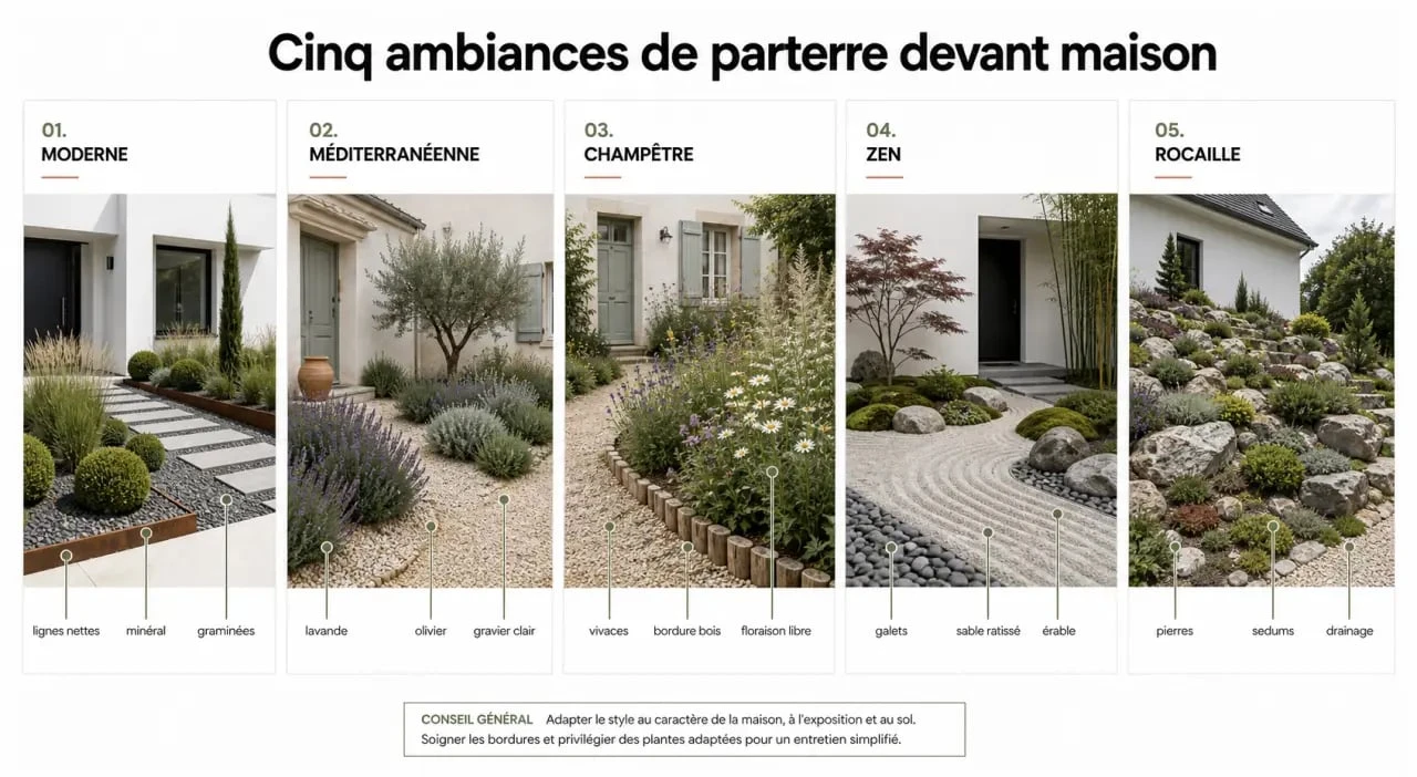Idée parterre devant maison comparant plusieurs styles d'aménagement