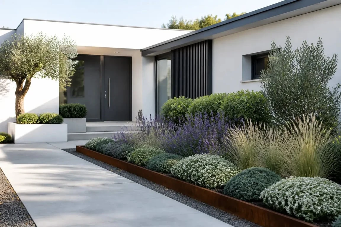 Idée parterre devant maison moderne avec composition en couches et bordure nette