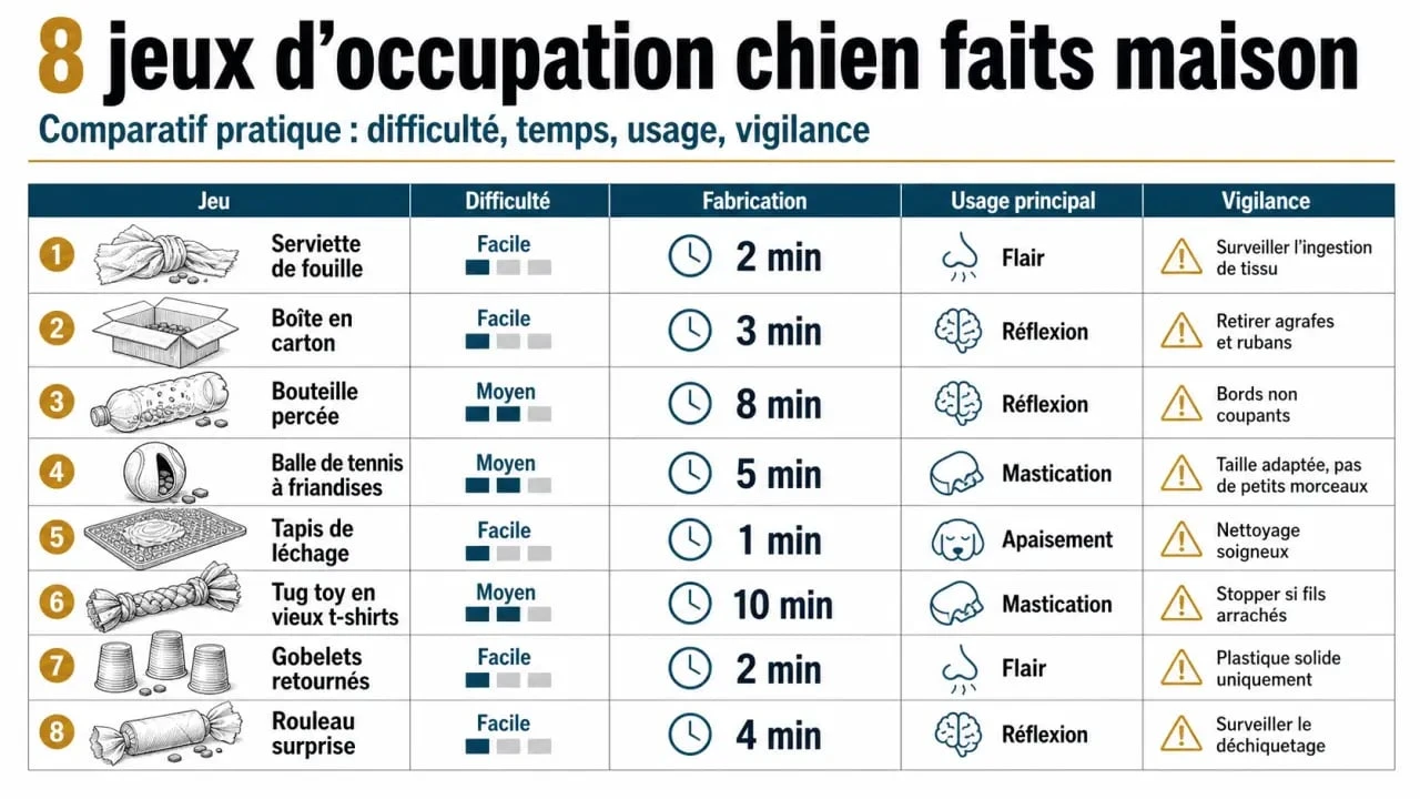 Jeux d'occupation chien fait maison comparés par difficulté, temps de fabrication et sécurité