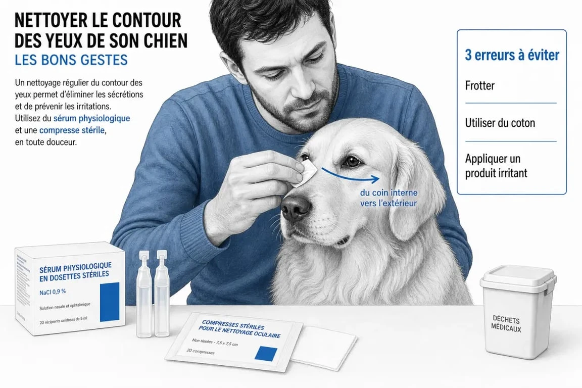Recette maison pour nettoyer yeux chien : illustration des gestes sûrs avec compresse propre et sérum physiologique