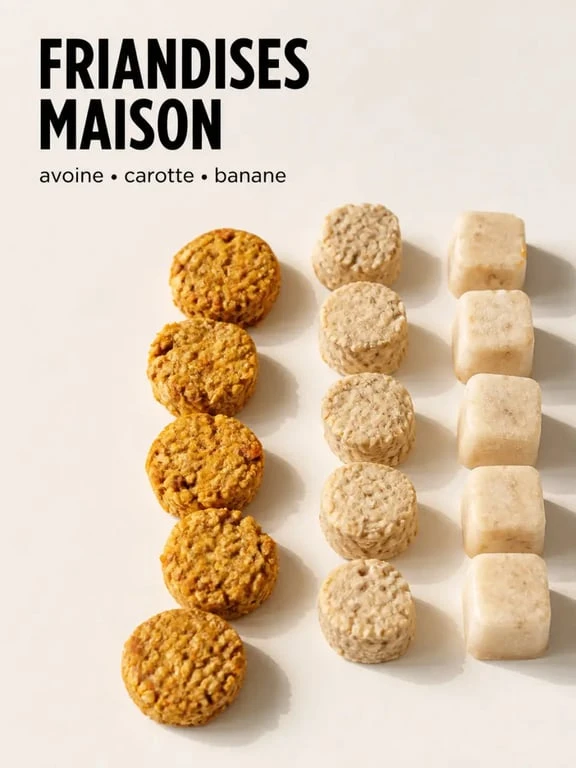 Friandise maison pour chien avec biscuits avoine-carotte et bouchées artisanales sur fond neutre