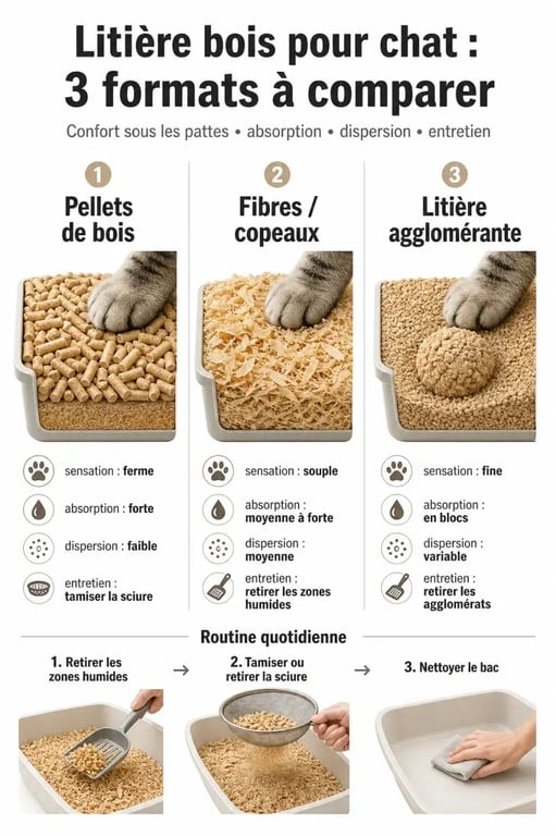 Litiere bois chat : comparaison des pellets, fibres et litière agglomérante