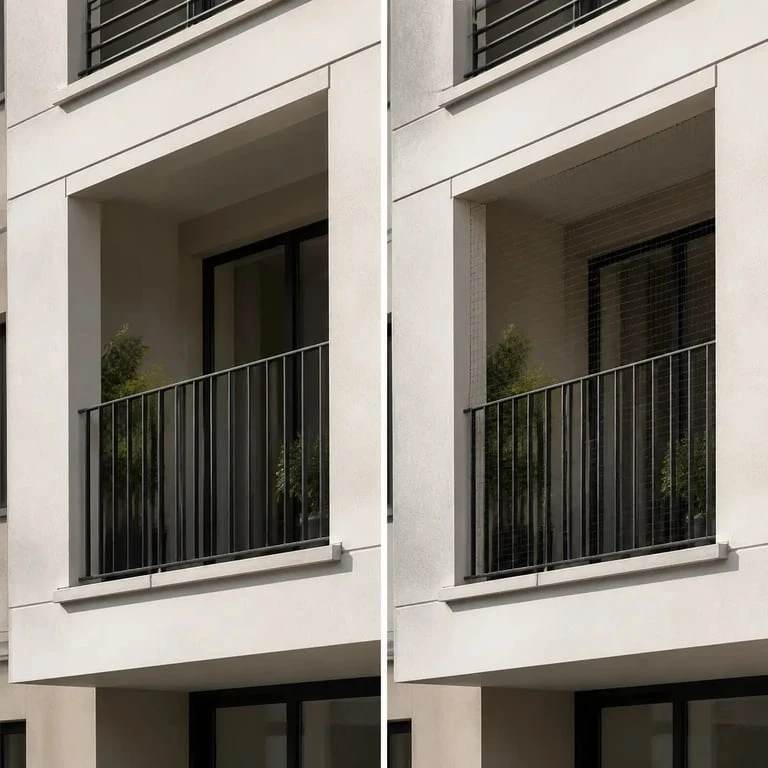 Filet pour chat balcon avant et après installation discrète sur un balcon d’immeuble