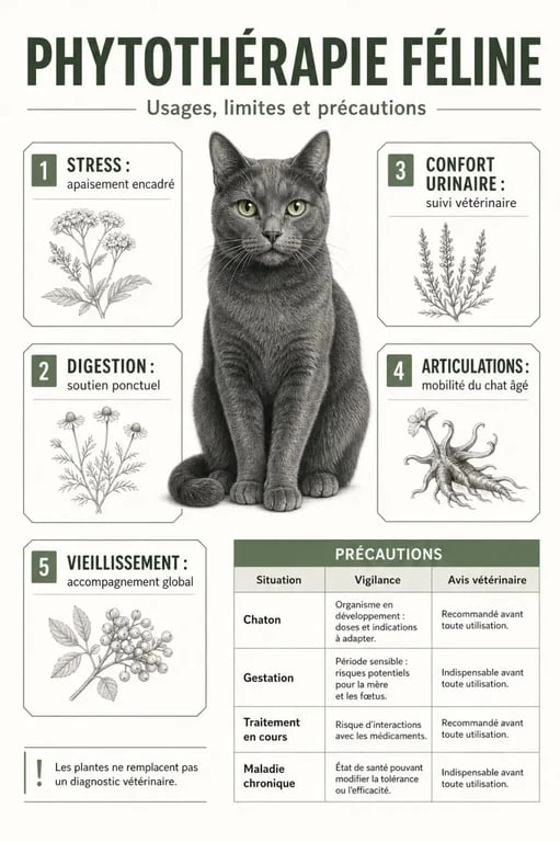 Phytothérapie pour chat : illustration éditoriale des usages et précautions