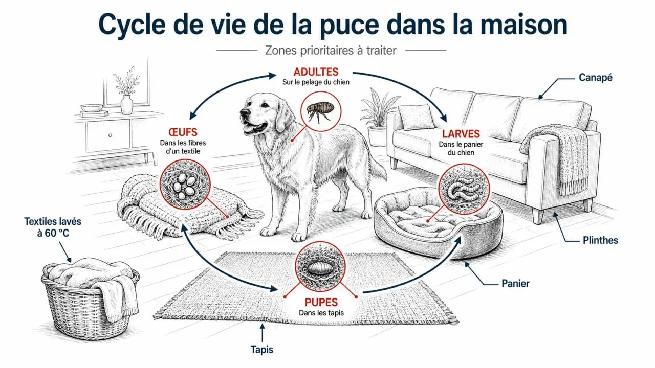Infographie anti puce naturel chien sur le cycle de vie des puces et les zones de la maison à traiter