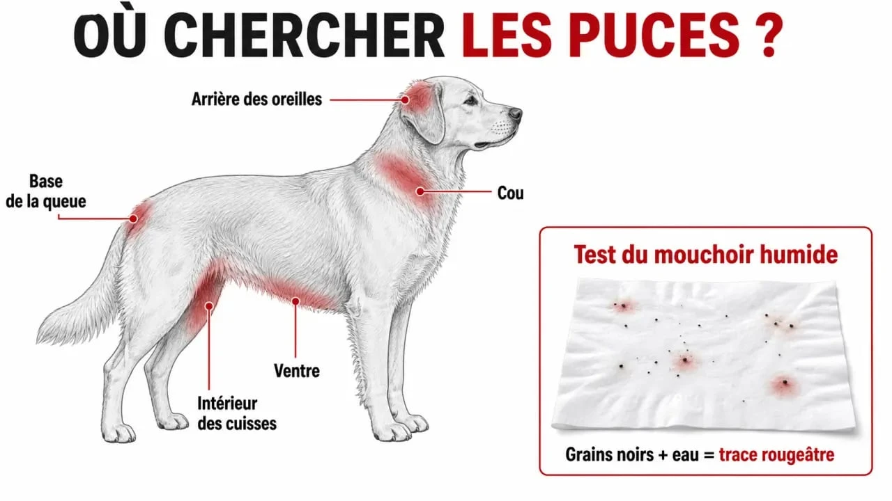 Infographie anti puce naturel chien montrant les zones du chien à surveiller et le test des crottes de puces
