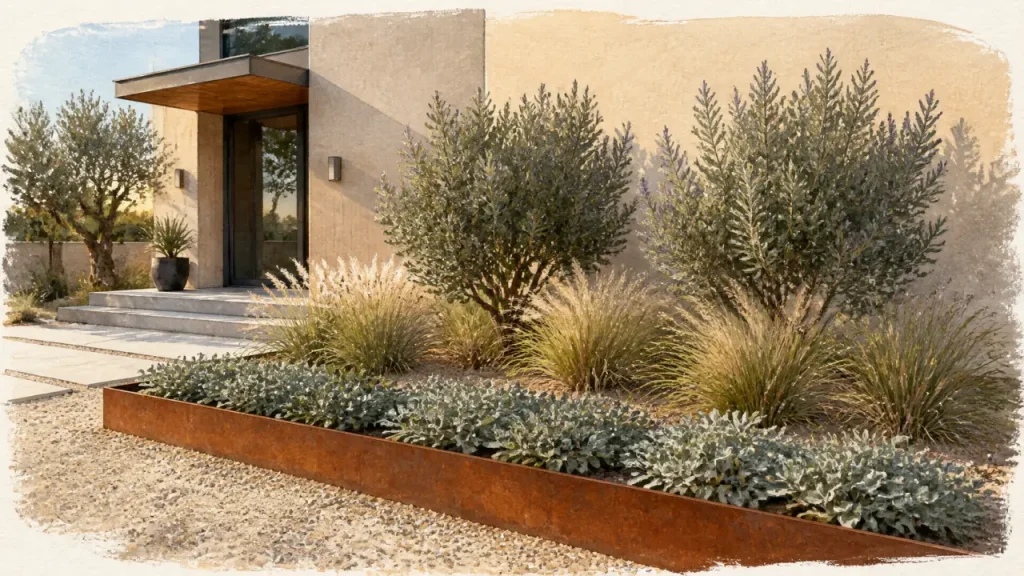 Idee parterre devant maison : bordure corten, graminées, couvre-sols et entretien réduit