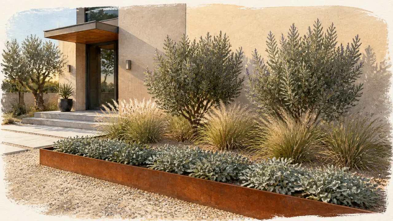 Idee parterre devant maison : bordure corten, graminées, couvre-sols et entretien réduit