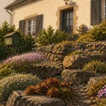Idée rocaille devant maison : jardin minéral en pierre sèche, graviers et plantes