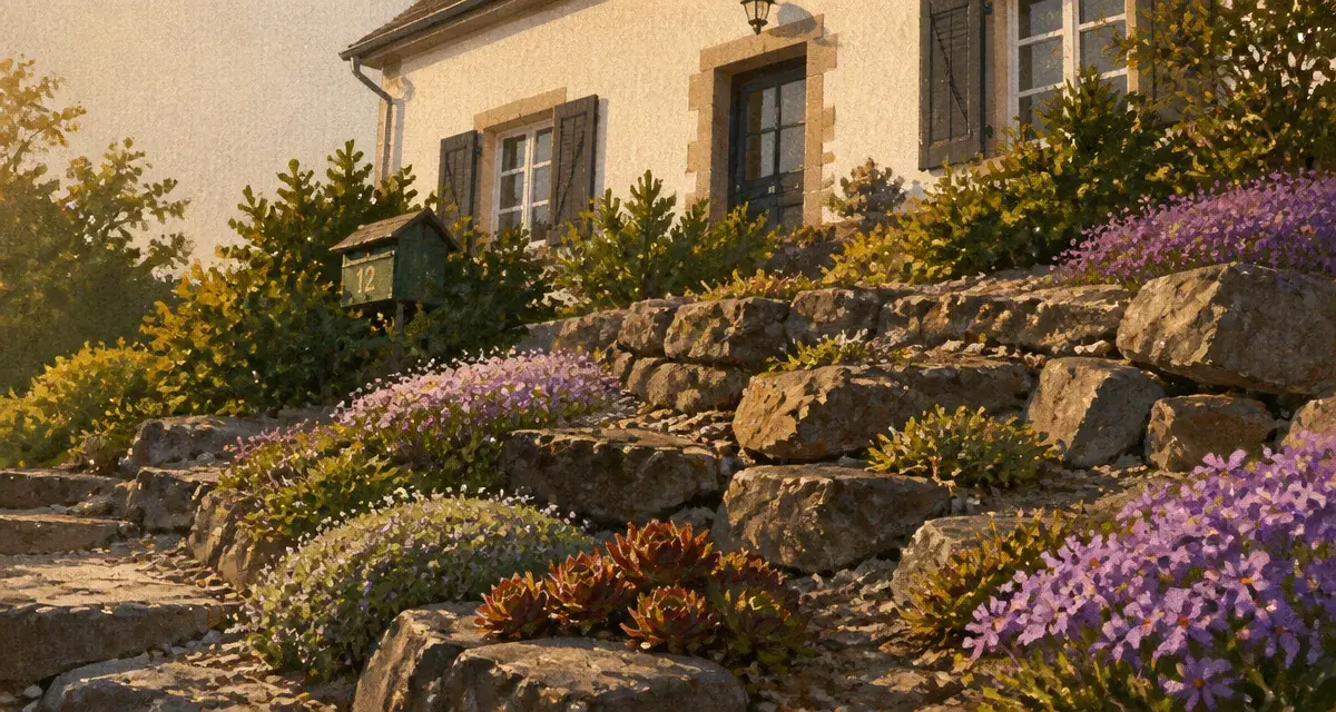 Idée rocaille devant maison : jardin minéral en pierre sèche, graviers et plantes