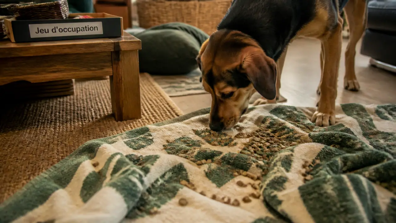 Jeux d'occupation chien fait maison : chien renifle des croquettes