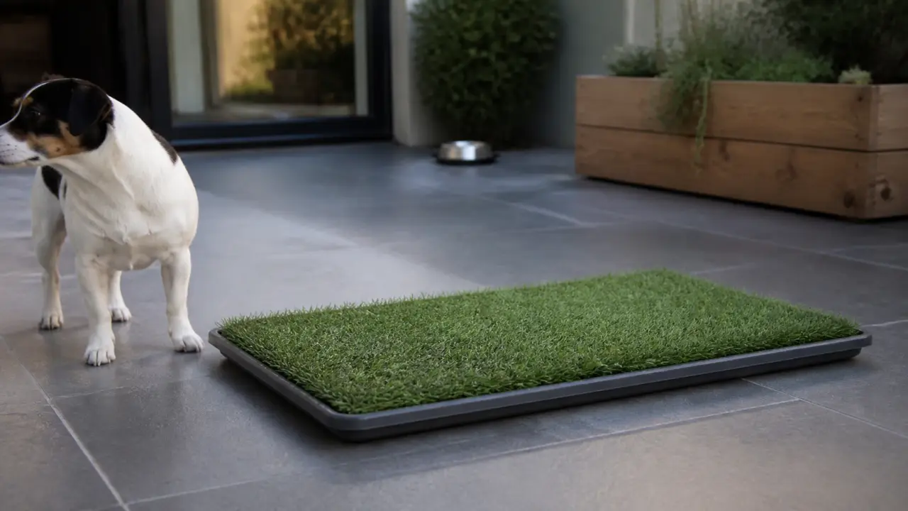 Litière pour chien sur terrasse en gazon synthétique