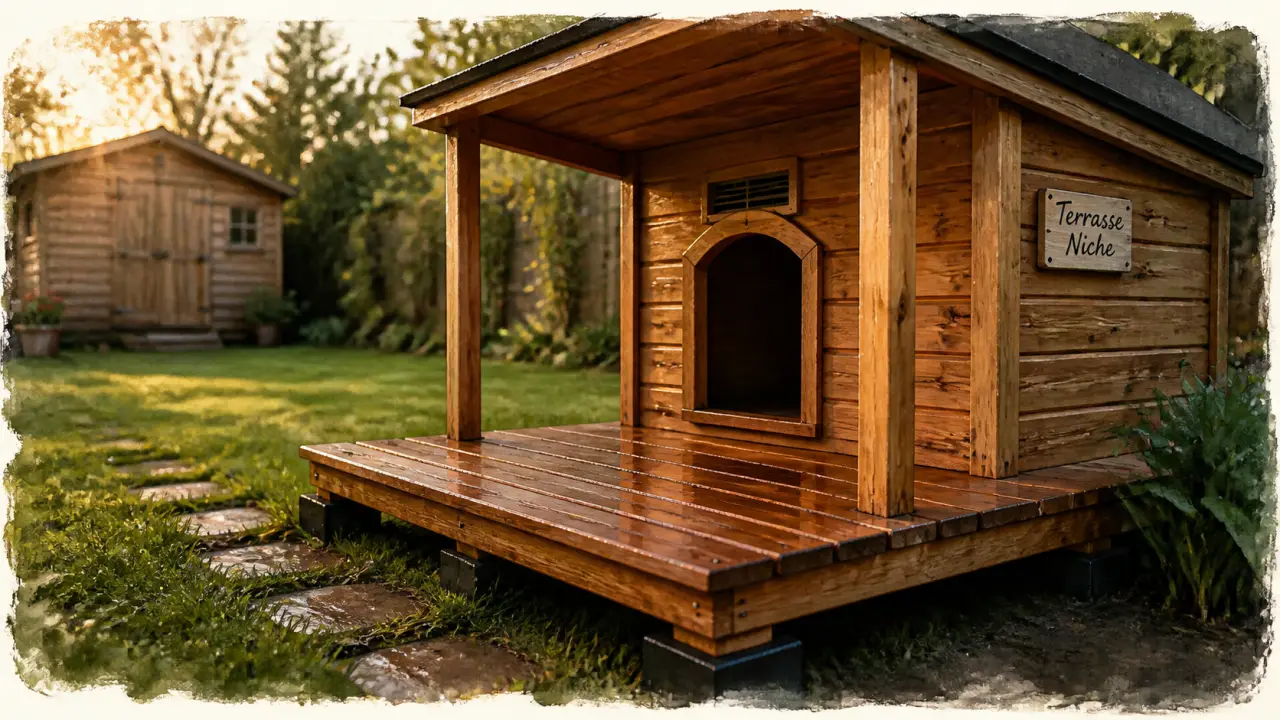 Niche chien avec terrasse couverte en bois, entrée ventilée sur plots