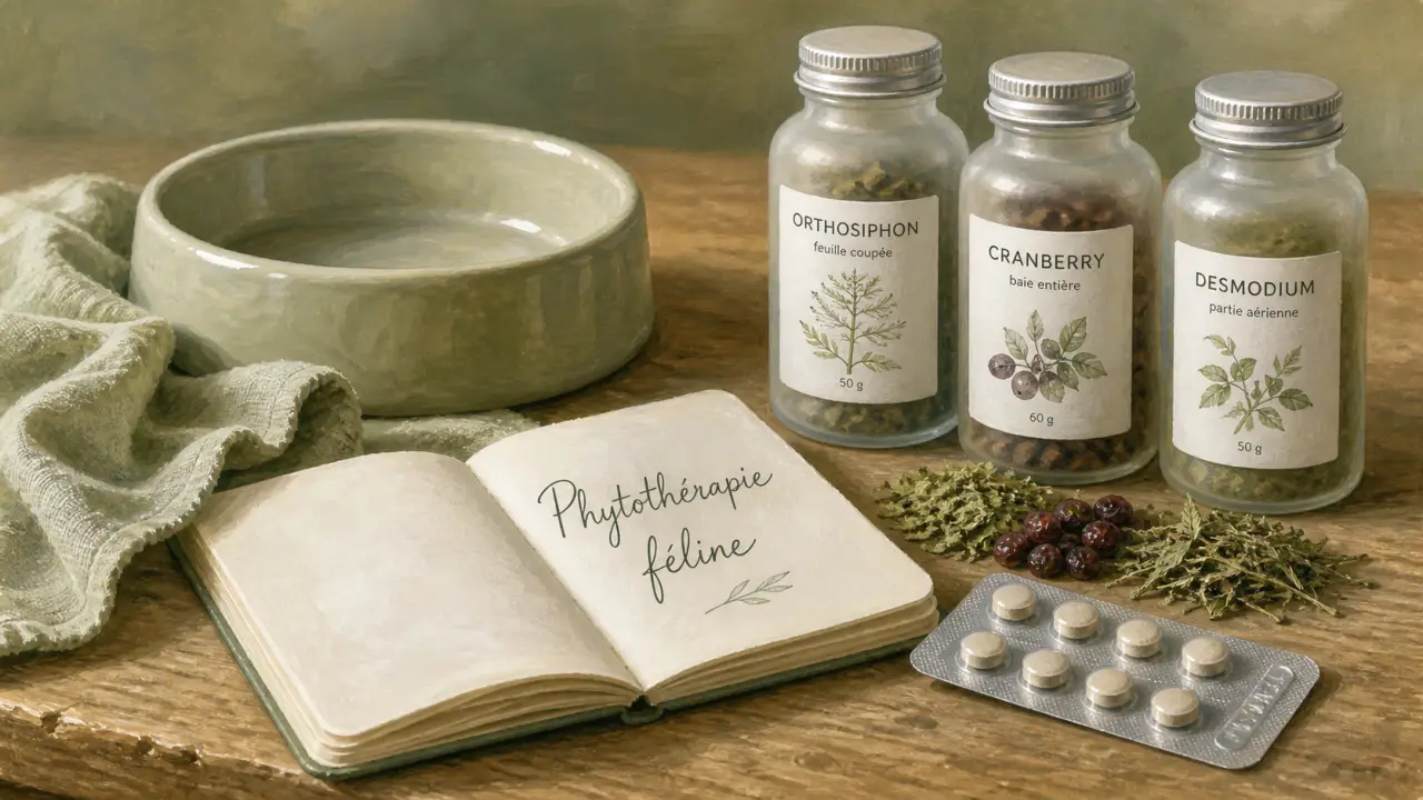 Phytothérapie pour chat : flacons d’herbes pour stress, urines et digestion