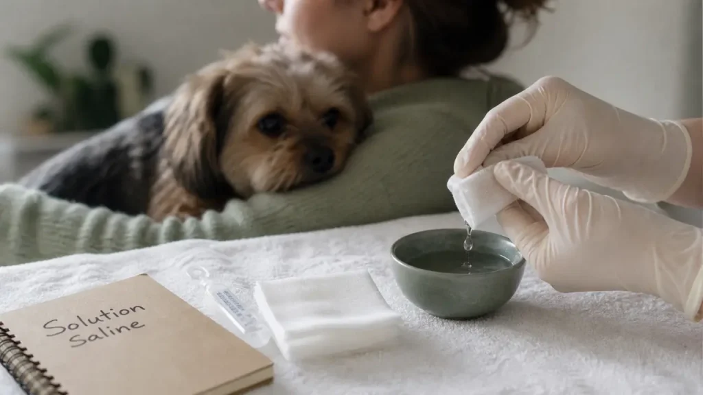 Recette maison pour nettoyer yeux chien : solution saline stérile, compresse propre