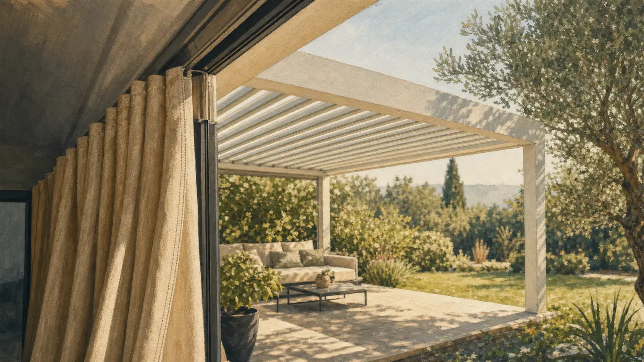 Rideau pergola bioclimatique beige offrant ombre et intimité sur terrasse