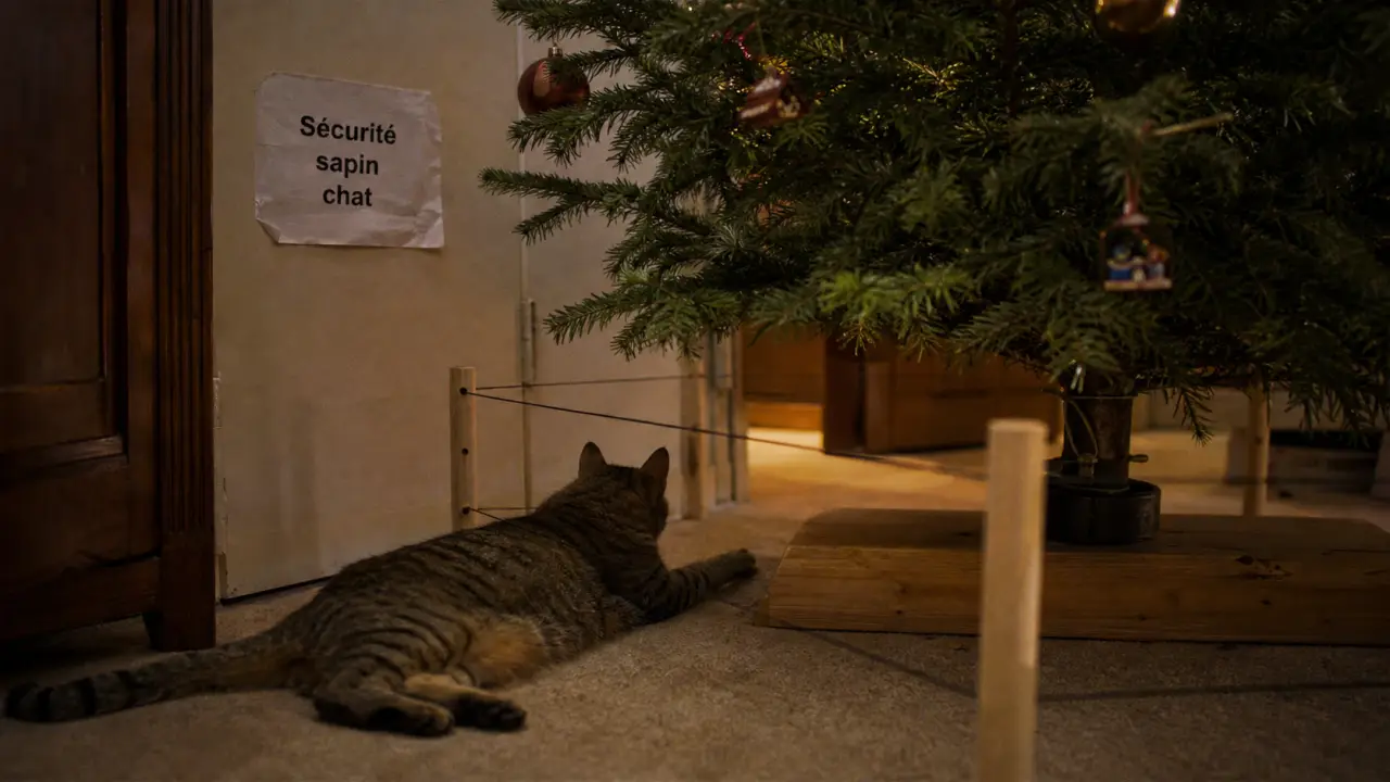 Sapin de noel chat : intérieur sécurisé, chat près du sapin