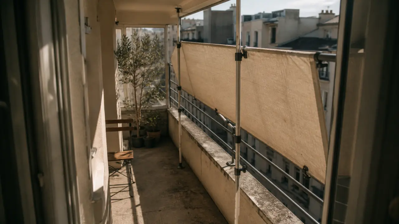 Store banne sans perçage sur garde-corps de balcon urbain