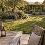 Aménagement jardin rectangulaire : allée en dalles et massif en demi-lune