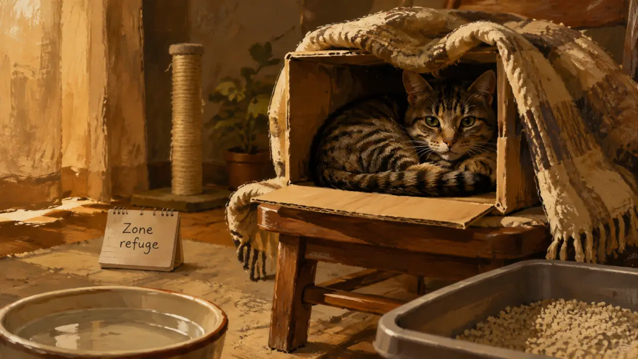 Comment destresser un chat : chat stressé apaisé dans une zone refuge