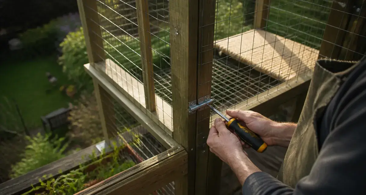 Enclos chat fait maison sécurisé en bois et grillage, porte verrouillée