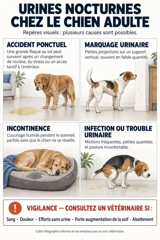 Infographie : mon chien adulte fait pipi dans la maison la nuit, distinguer accident, marquage, incontinence et infection