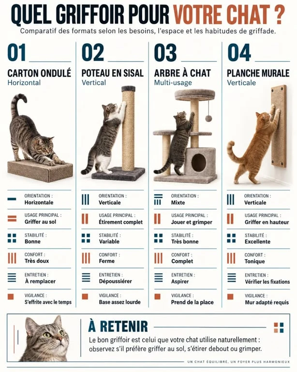 Griffoir carton chat comparé au sisal, à l’arbre à chat et à la planche verticale