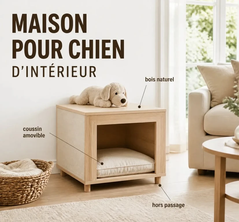Maison pour chien intérieur dans un salon : emplacement, matières et confort