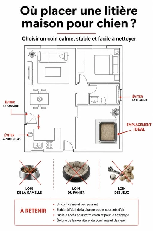 Emplacement idéal pour litiere pour chien fait maison dans un appartement, loin de la gamelle et du panier