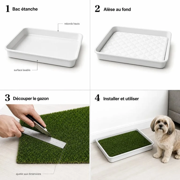 Litiere pour chien fait maison avec bac étanche, alèse et gazon synthétique en étapes