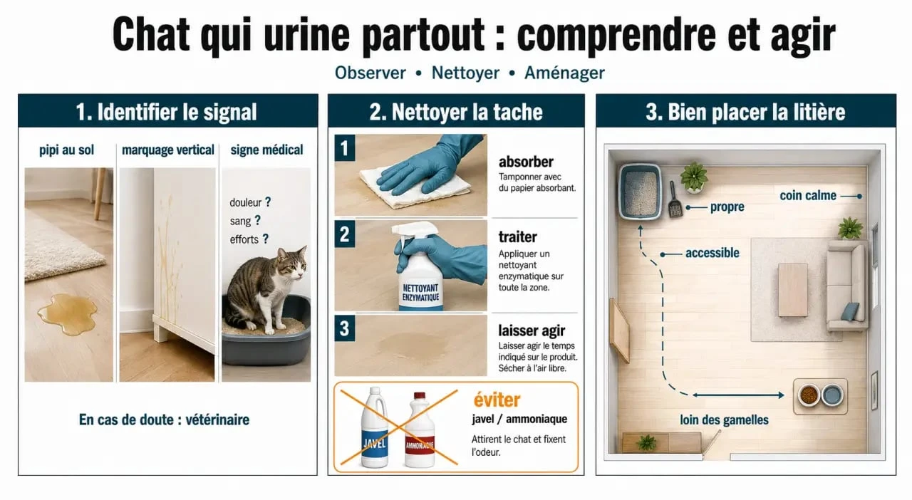 Mon chat pisse partout dans la maison que faire : schéma des causes, du nettoyage et des bons gestes avec la litière