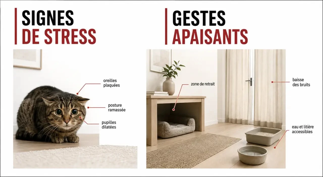 Comment destresser un chat : signes de stress et gestes apaisants dans une illustration éditoriale