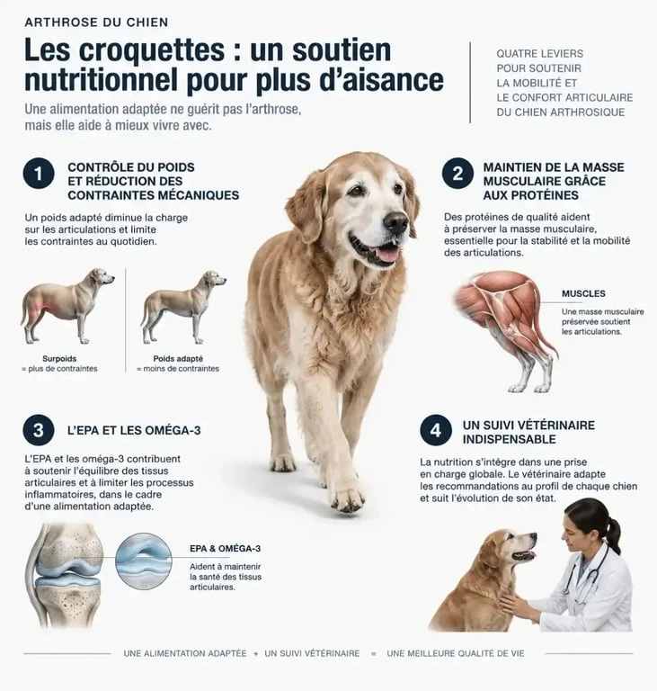 Infographie sur les croquettes pour chien arthrosique, le poids, les muscles et les oméga-3
