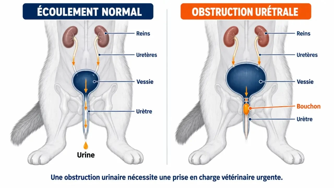 Schéma explicatif du blocage urinaire chat traitement maison et de l’obstruction de l’urètre
