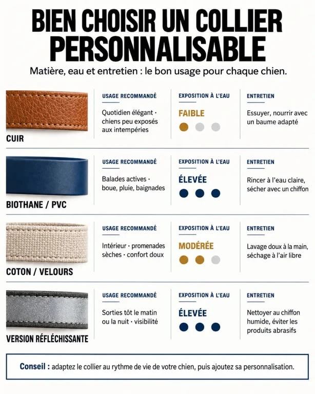 Infographie sur les matières et usages d’un collier personnalisable chien