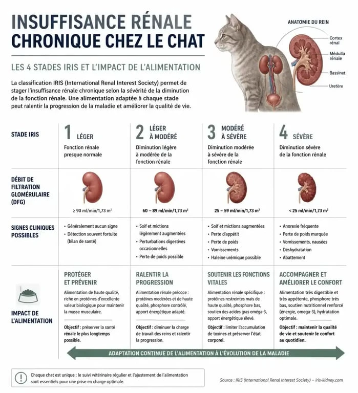 Infographie des stades IRIS et alimentation pour chat insuffisant rénal