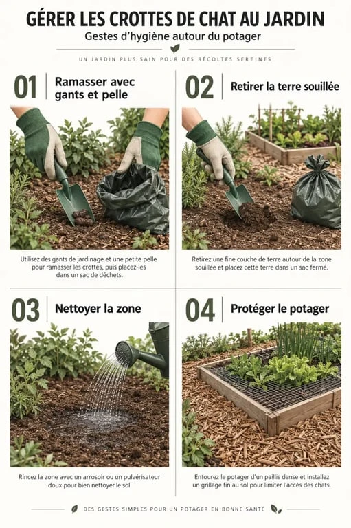 Étapes pour éliminer les crottes de chat dans un jardin et protéger le potager