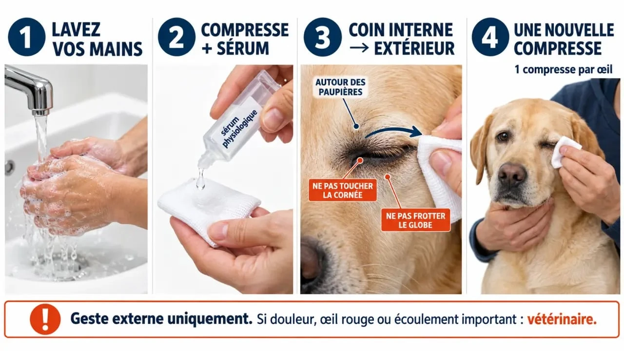Conjonctivite chien traitement maison : illustration du nettoyage externe de l’œil avec une compresse et du sérum physiologique
