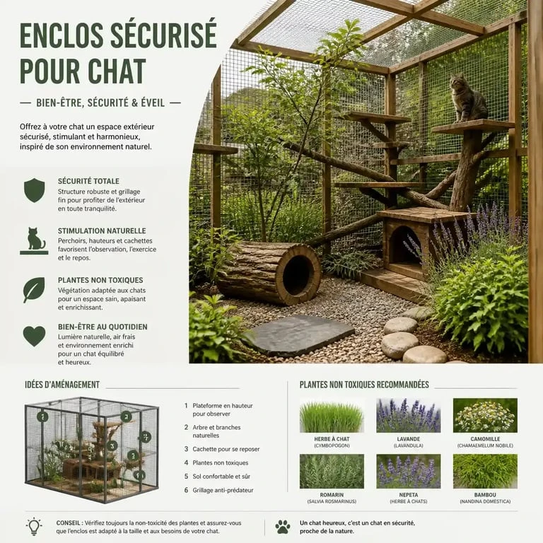 Exemple d'aménagement d'un enclos chat fait maison dans un jardin