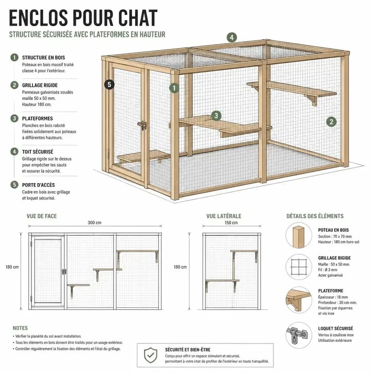 Schéma de structure pour enclos chat fait maison avec plateformes et grillage