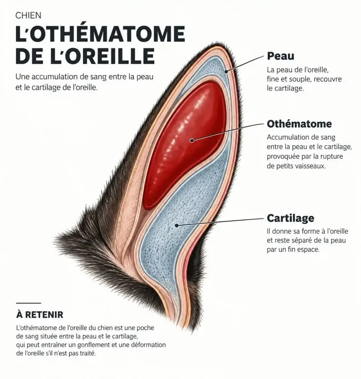 Schéma anatomique d'un othématome chez le chien : accumulation de sang entre la peau et le cartilage