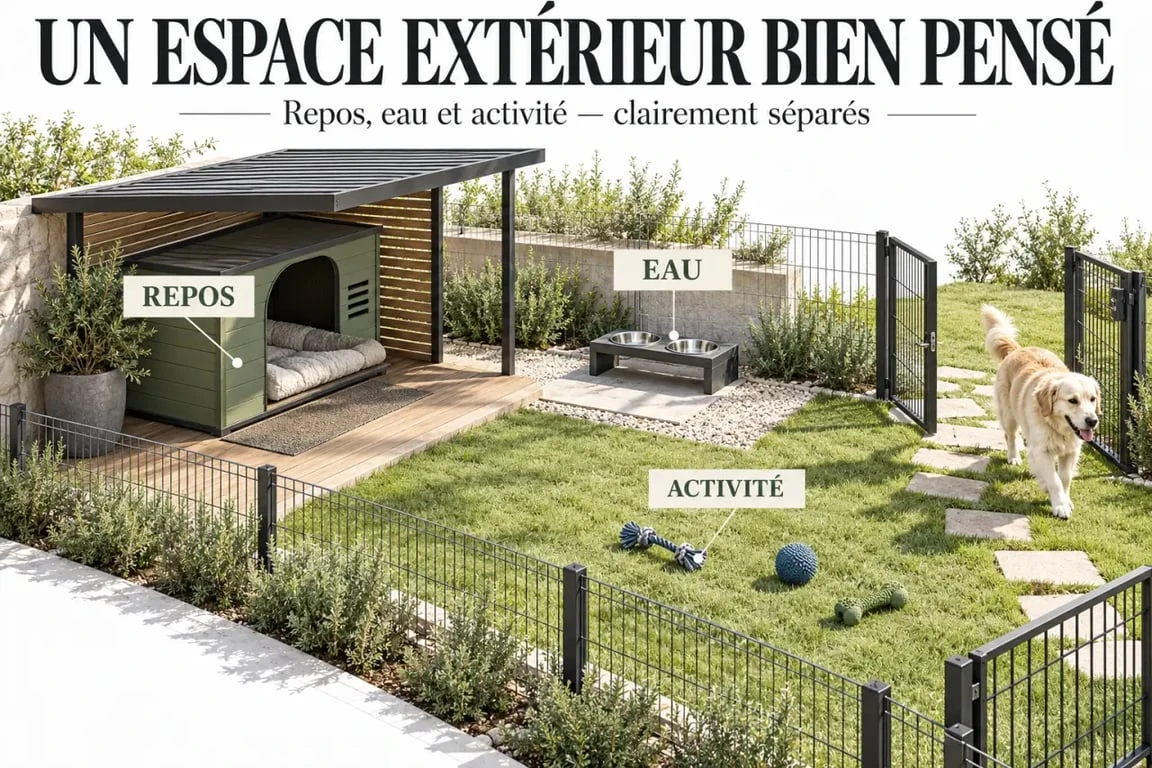 Aménagement confortable d'un parc extérieur chien avec niche et zone ombragée