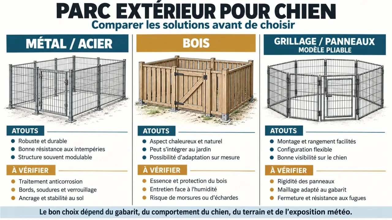 Infographie comparative des matériaux pour un parc extérieur chien
