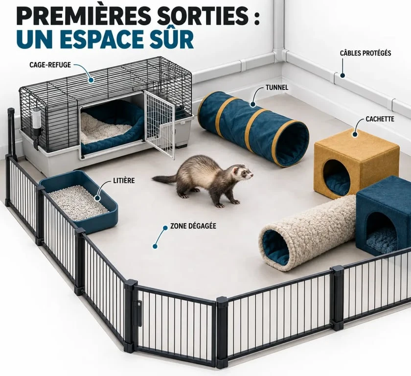 Espace sécurisé pour les sorties et l’apprivoisement d’un NAC furet dans la maison