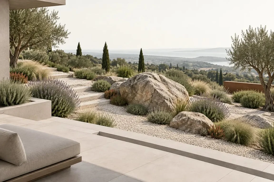 Aménagement paysager déco jardin avec grosses pierres dans un massif sec planté de lavandes et de graminées