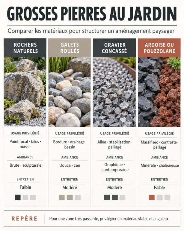 Aménagement paysager déco jardin avec grosses pierres : comparaison des rochers, galets, graviers et paillages minéraux