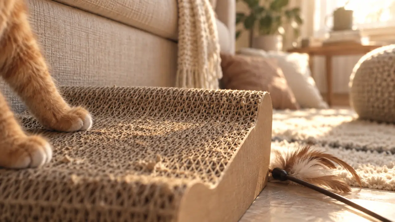 Griffoir carton chat près du canapé beige, marques de griffes visibles