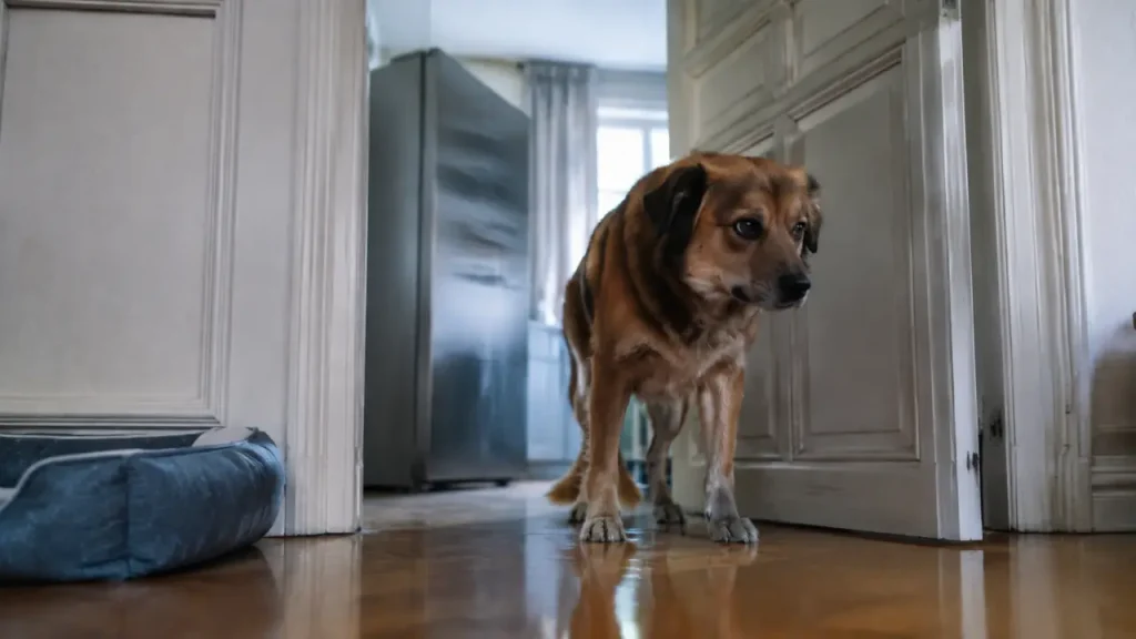 Mon chien a soudainement peur dans la maison, près d’une porte, oreilles basses.