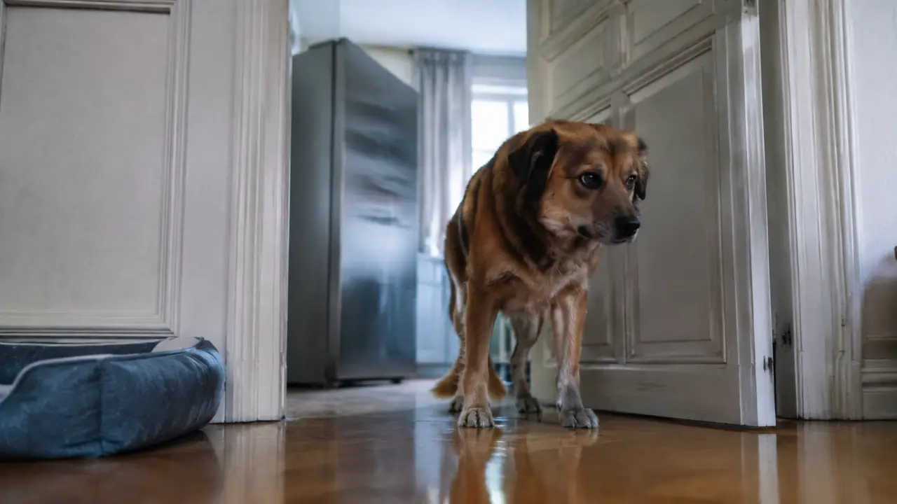 Mon chien a soudainement peur dans la maison, près d’une porte, oreilles basses.
